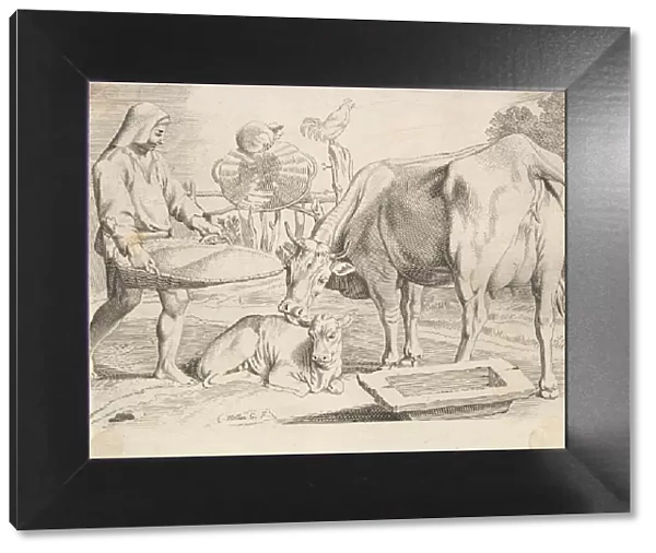 Country Scene with a Peasant, Cow and Calf. Creator: Claude Mellan