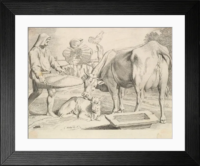 Framed Print : Country Scene with a Peasant, Cow and Calf. Creator: Claude Mellan