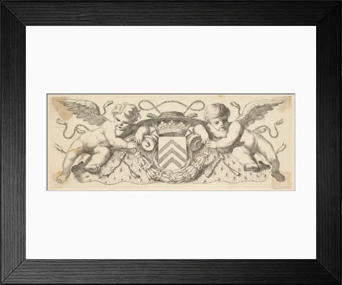Framed Print : Two Cherubs with the Arms of Cardinal Richelieu, before 1642. Creator: Claude Mellan Framed Print : Two Cherubs with the Arms of Cardinal Richelieu, before 1642. Creator: Claude Mellan
