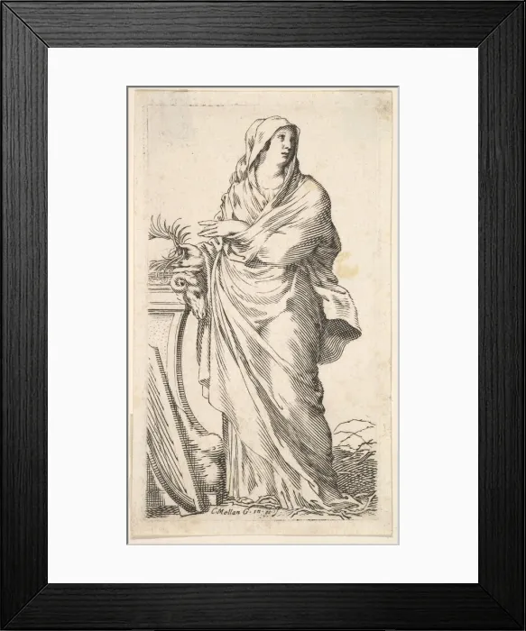 Framed Print : Robed woman standing next to a plinth, her right hand bears a palm branch, a harp r