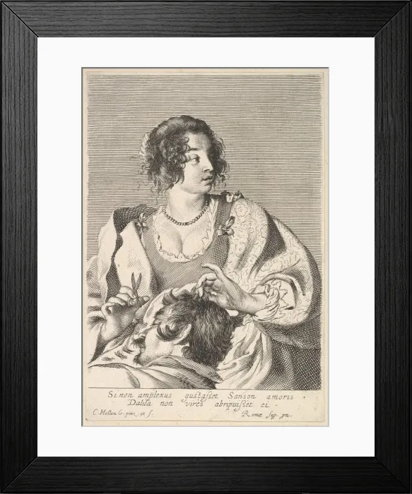Framed Print : Delilah preparing to cut Samsons hair with scissors in her right hand, below her ches Framed Print : Delilah preparing to cut Samsons hair with scissors in her right hand, below her ches