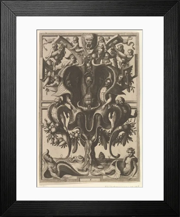 Framed Print : Auricular Cartouche with Figures within a Strapwork Frame from Veederley Veranderinghe Framed Print : Auricular Cartouche with Figures within a Strapwork Frame from Veederley Veranderinghe