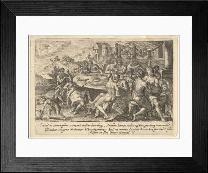 Framed Print : Mankind surrendering to lechery before the Flood: embracing couples on benches around a Framed Print : Mankind surrendering to lechery before the Flood: embracing couples on benches around a