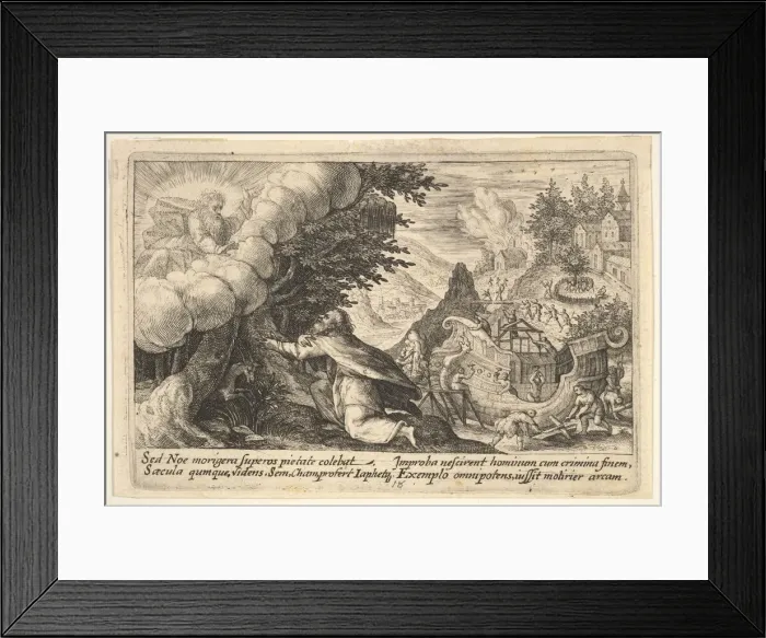 Framed Print : Noah kneeling before God at left, the construction of the ark underway beyond Framed Print : Noah kneeling before God at left, the construction of the ark underway beyond