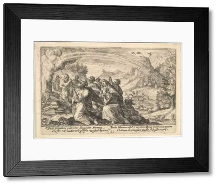 Framed Print : God enters into a covenant with Noah: next to a smoking pyre Noah kneels in a gesture of Framed Print : God enters into a covenant with Noah: next to a smoking pyre Noah kneels in a gesture of