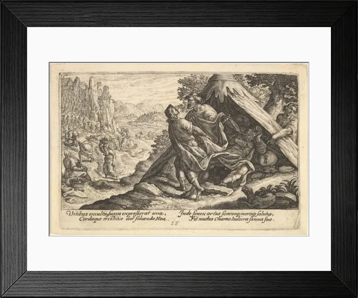 Framed Print : Drunkenness of Noah: Shem and Japheth cover the naked body of Noah, who lies in a tent Framed Print : Drunkenness of Noah: Shem and Japheth cover the naked body of Noah, who lies in a tent