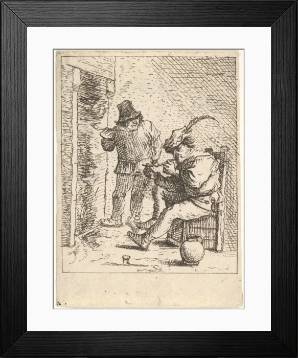 Framed Print : Two male peasants holding pipes before a fireplace, one seated with the pipe held Framed Print : Two male peasants holding pipes before a fireplace, one seated with the pipe held