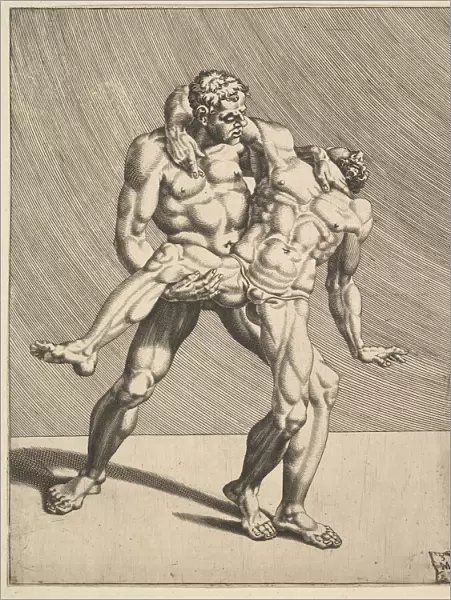 Wrestlers, from Wrestlers, plate 3, 1552. Creator: Dirck Volkertsen Coornhert