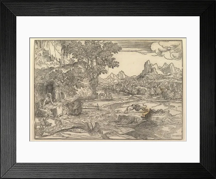 Framed Print : Landscape with Saint Jerome at left looking towards lion and bear fighting at cente Framed Print : Landscape with Saint Jerome at left looking towards lion and bear fighting at cente