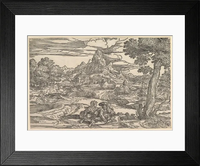 Framed Print : Landscape with a woman seated next to a man playing a hurdy-gurdy, ca. 1540 Framed Print : Landscape with a woman seated next to a man playing a hurdy-gurdy, ca. 1540
