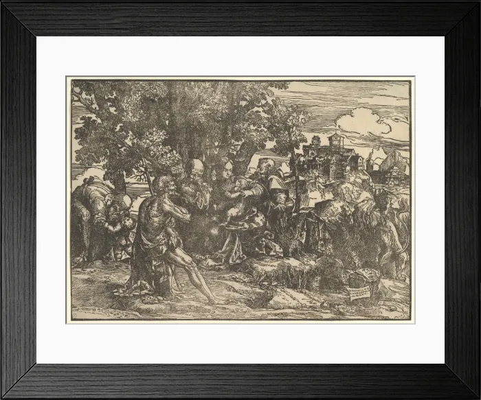Framed Print : Mary seated beneath trees with baby, flanked by Joseph at left and St Framed Print : Mary seated beneath trees with baby, flanked by Joseph at left and St