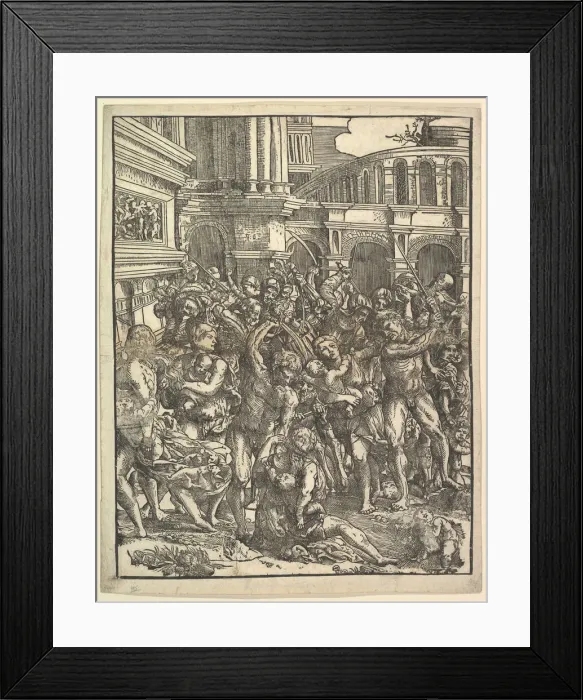 Framed Print : The Massacre of the Innocents (Right side) with group of male figures attacking women Framed Print : The Massacre of the Innocents (Right side) with group of male figures attacking women