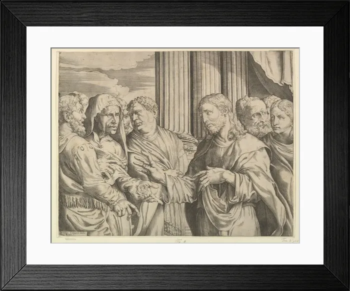 Framed Print : The Triubute Money: Christ at center right gesturing to man at his left with coins Framed Print : The Triubute Money: Christ at center right gesturing to man at his left with coins