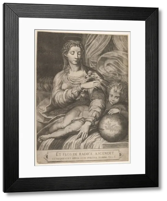 Framed Print : Madonna of the Rose, she reaches for a rose held by the Christ child, who rests his lef Framed Print : Madonna of the Rose, she reaches for a rose held by the Christ child, who rests his lef