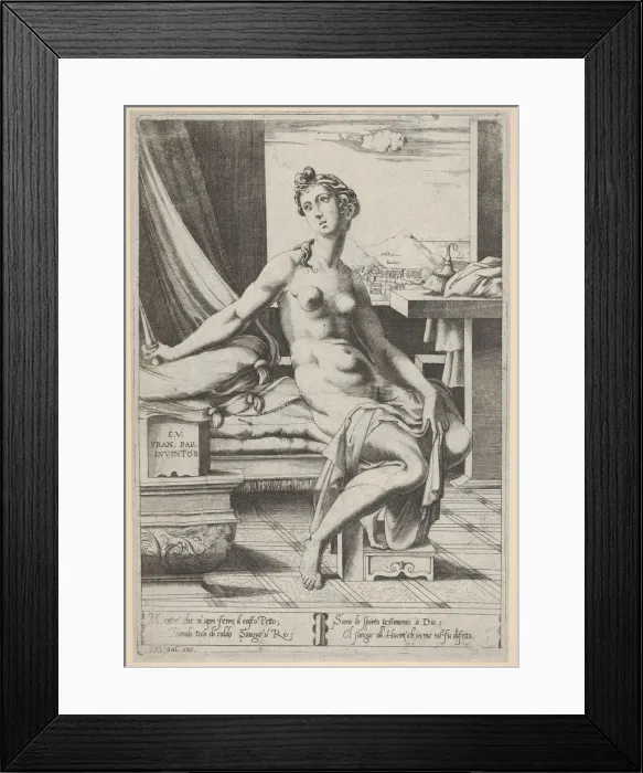 Framed Print : Lucretia naked and seated before a window, a dagger in her right hand and holding d Framed Print : Lucretia naked and seated before a window, a dagger in her right hand and holding d