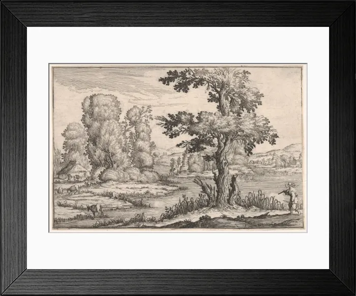 Framed Print : Landscape with goats grazing near a river and a figure in the right foreground Framed Print : Landscape with goats grazing near a river and a figure in the right foreground
