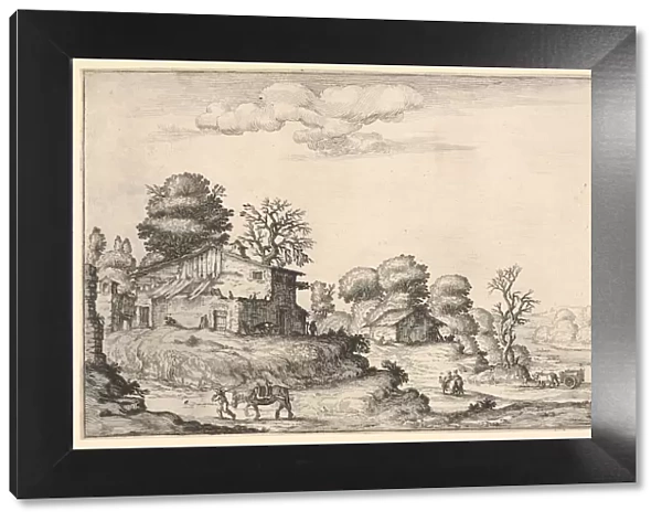 Landscape with peasant dwellings and a man leading a horse in the left foreground