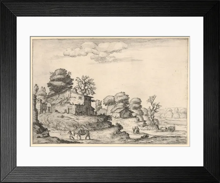 Framed Print : Landscape with peasant dwellings and a man leading a horse in the left foreground Framed Print : Landscape with peasant dwellings and a man leading a horse in the left foreground