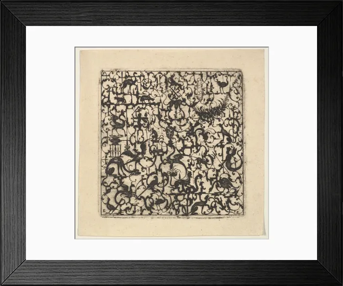 Framed Print : Square Blackwork Design in Silhouette Style with Schweifwerk and Grotesque Figures, 1617 Framed Print : Square Blackwork Design in Silhouette Style with Schweifwerk and Grotesque Figures, 1617