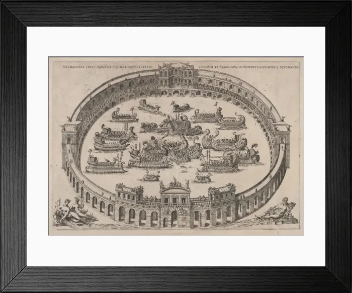 Framed Print : Naval engagement set inside a Roman arena, with the river Tiber and nymphs at lower lef Framed Print : Naval engagement set inside a Roman arena, with the river Tiber and nymphs at lower lef