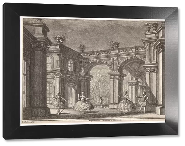 Two ladies and two gentlemen dancing within an ornate architectural setting