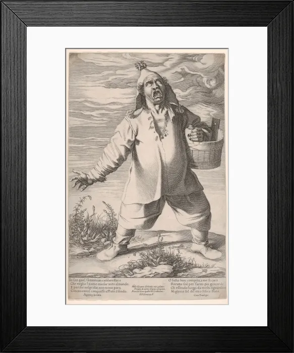 Framed Print : Geminiano Caldarostaro crying out and holding a tub, with a tasseled hat, ca. 1597-1601 Framed Print : Geminiano Caldarostaro crying out and holding a tub, with a tasseled hat, ca. 1597-1601