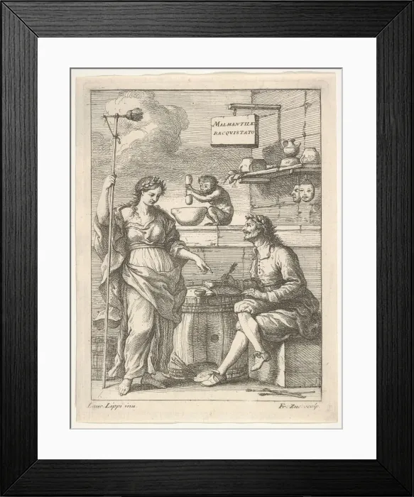 Framed Print : A monkey working a mortar and pestle, below Lorenzo Lippi (?) writing his humorous Framed Print : A monkey working a mortar and pestle, below Lorenzo Lippi (?) writing his humorous