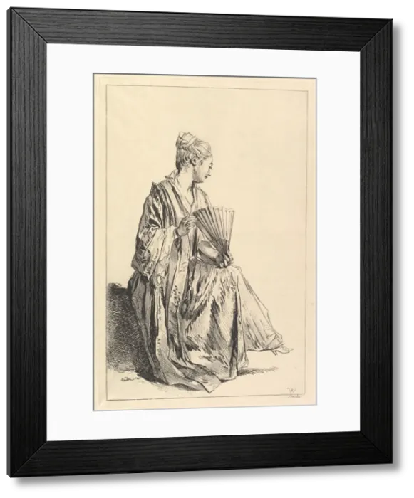 Framed Print : Femme assise, de profil adroite, jouant de l eventail, 1720-70 Framed Print : Femme assise, de profil adroite, jouant de l eventail, 1720-70
