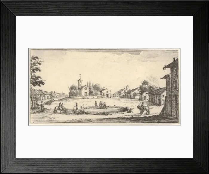 Framed Print : Plate 6: view of a village with a horse trough in center, horses and houses to either s Framed Print : Plate 6: view of a village with a horse trough in center, horses and houses to either s