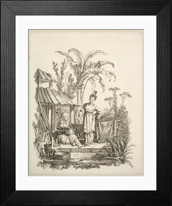 Framed Print : A Seated Chinese Man and a Woman Carrying a Fish, ca. 1742. Creator: Gabriel Huquier Framed Print : A Seated Chinese Man and a Woman Carrying a Fish, ca. 1742. Creator: Gabriel Huquier