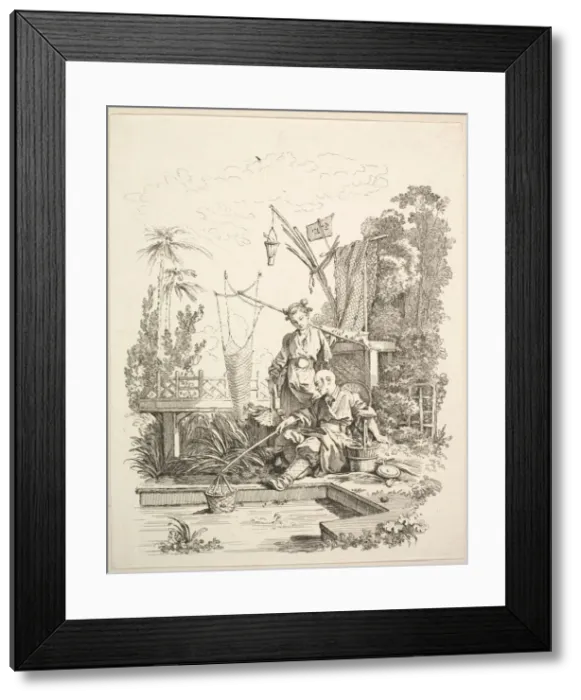 Framed Print : A Chinese Man and Woman Fishing by a Fishpond, 18th century. Creator: Gabriel Huquier Framed Print : A Chinese Man and Woman Fishing by a Fishpond, 18th century. Creator: Gabriel Huquier