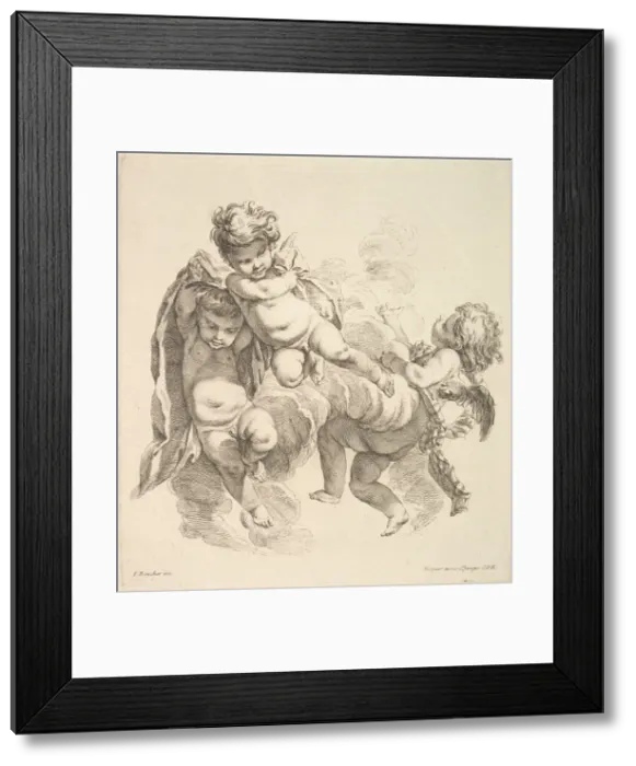 Framed Print : Three Children Among Clouds Carrying a Drapery, 1738-45. Creator: Gabriel Huquier Framed Print : Three Children Among Clouds Carrying a Drapery, 1738-45. Creator: Gabriel Huquier