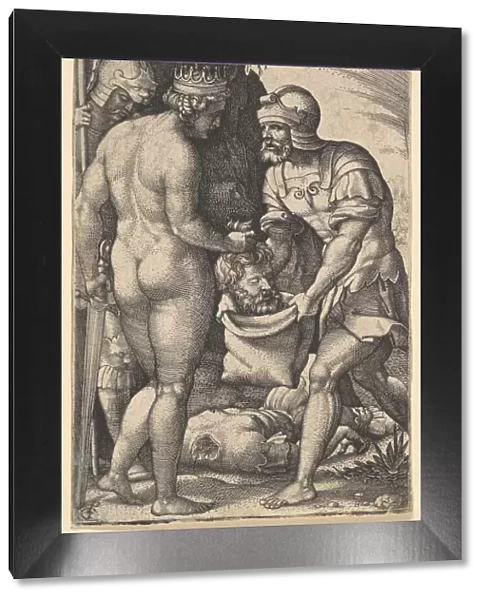 Tomyris, shown nude from behind, placing the head of Cyrus into a sack held by a soldi