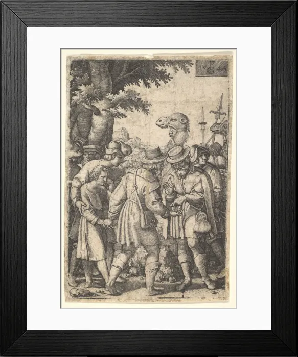 Framed Print : Joseph sold to the merchants: a bearded man grasping Joseph with his left hand receives Framed Print : Joseph sold to the merchants: a bearded man grasping Joseph with his left hand receives