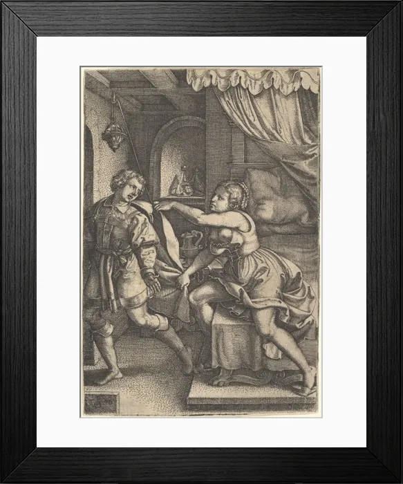 Framed Print : Joseph strides away from Potiphars wife, who clutches his cloak with both hands as she Framed Print : Joseph strides away from Potiphars wife, who clutches his cloak with both hands as she
