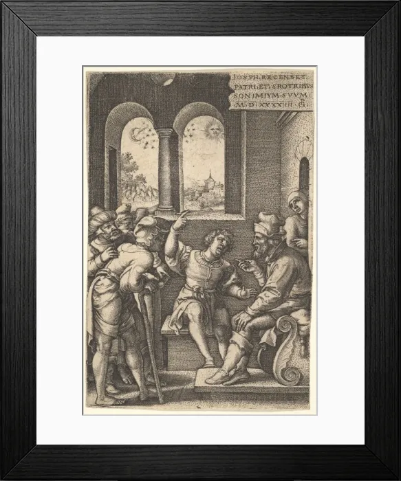 Framed Print : Joseph explains his dream to his brothers and father in an interior setting; the sun Framed Print : Joseph explains his dream to his brothers and father in an interior setting; the sun