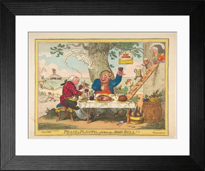 Framed Print : Peace and Plenty or Good News for John Bull!!!, May 25, 1814. Creator: George Cruikshank Framed Print : Peace and Plenty or Good News for John Bull!!!, May 25, 1814. Creator: George Cruikshank
