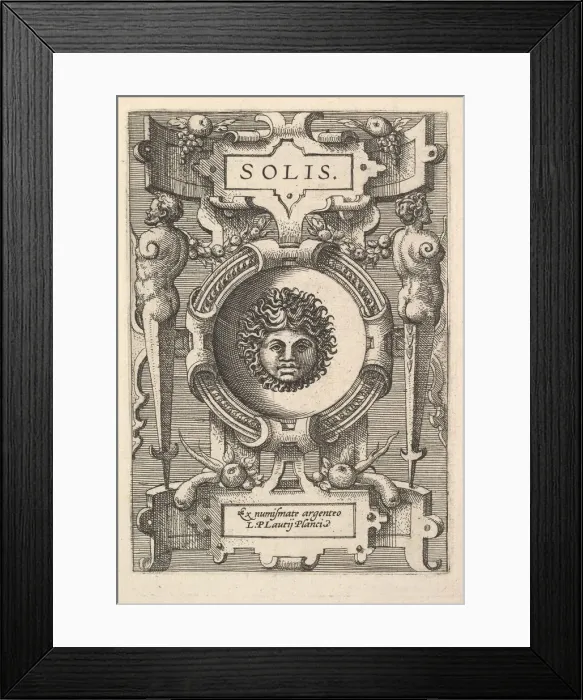 Framed Print : Bust of Sol surrounded by strapwork, from the series Deorum dearumque Framed Print : Bust of Sol surrounded by strapwork, from the series Deorum dearumque