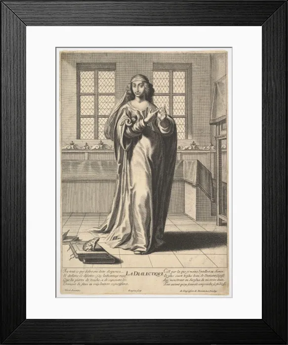 Framed Print : Dialectic: a young woman standing in a decorated interior and touching her right index Framed Print : Dialectic: a young woman standing in a decorated interior and touching her right index
