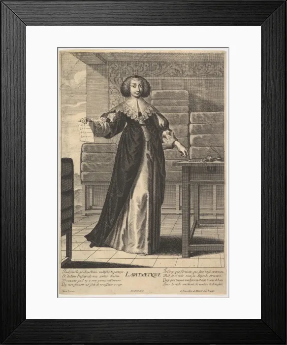 Framed Print : Arithmetic: a young woman standing at a table, holding a sheet with inscribed numbers i Framed Print : Arithmetic: a young woman standing at a table, holding a sheet with inscribed numbers i