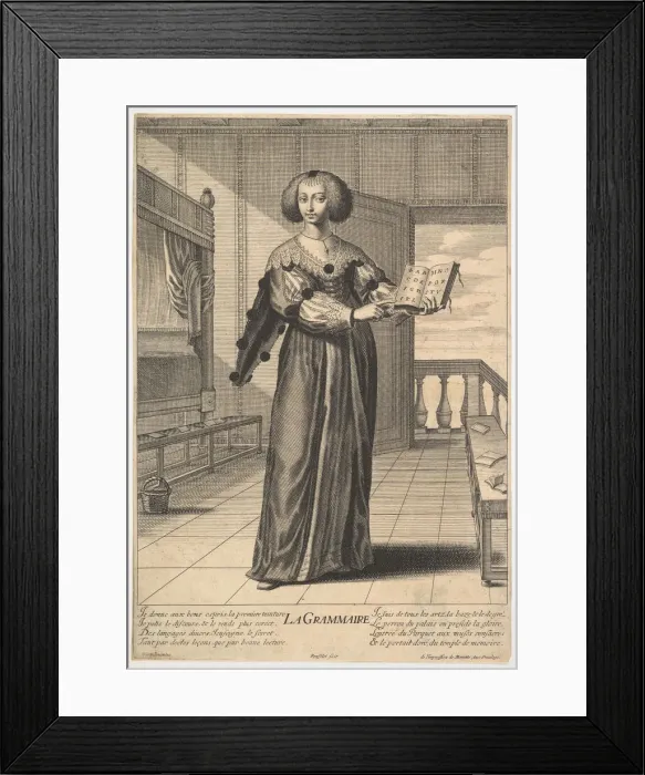 Framed Print : Grammar: a young woman standing in a decorated interior holding an open book in her lef Framed Print : Grammar: a young woman standing in a decorated interior holding an open book in her lef
