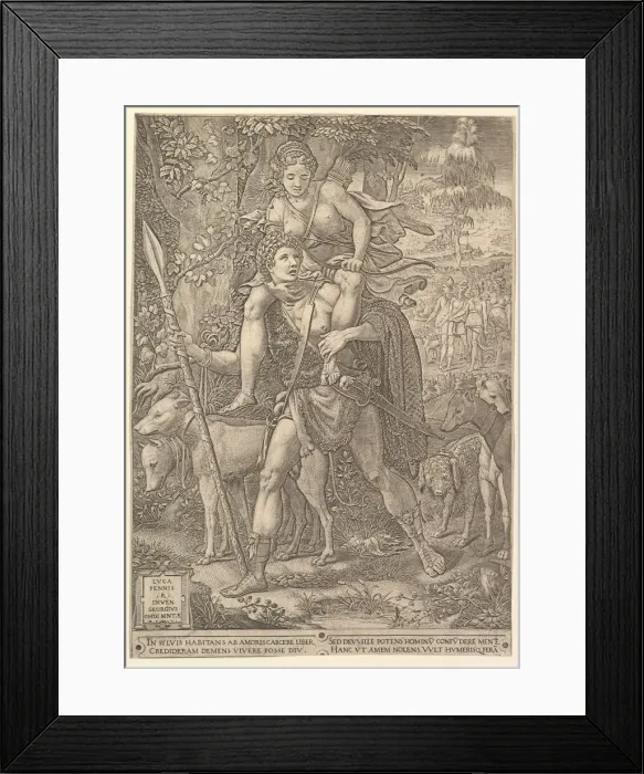 Framed Print : Allegory of the Hunt; a hunter holding a large spear carrying a woman (Diana Framed Print : Allegory of the Hunt; a hunter holding a large spear carrying a woman (Diana