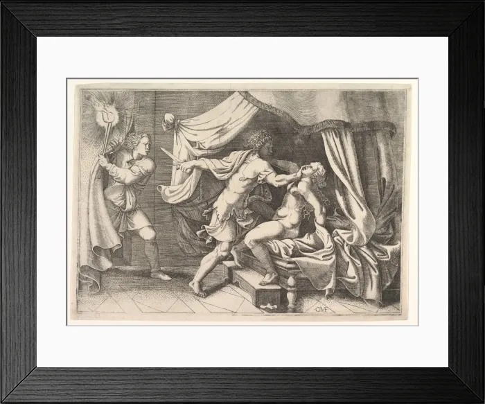 Framed Print : Tarquin attacking Lucretia, a servant at left witnessing the scene, ca. 1540 Framed Print : Tarquin attacking Lucretia, a servant at left witnessing the scene, ca. 1540