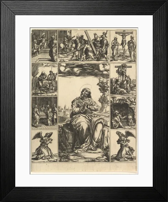 Framed Print : The Virgin of Sorrows; an image of the Virgin Mary surrounded by nine vignettes depict Framed Print : The Virgin of Sorrows; an image of the Virgin Mary surrounded by nine vignettes depict