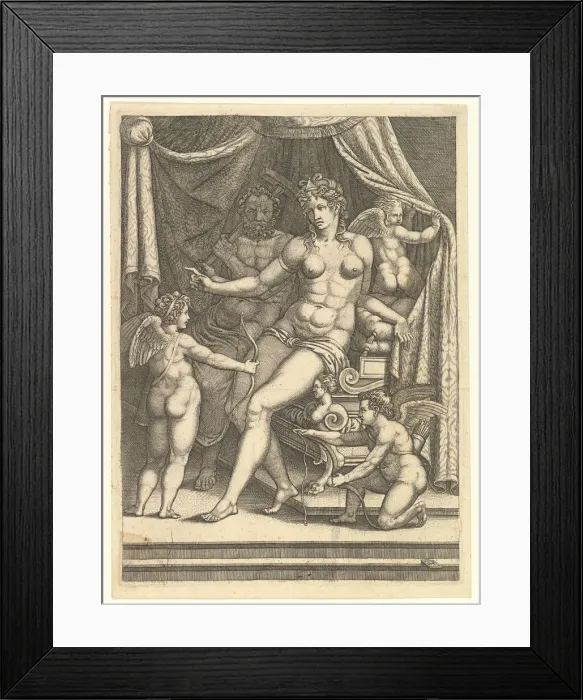 Framed Print : Venus and Vulcan Seated on a Bed and Three Putti, mid-1550s. Creator: Giorgio Ghisi Framed Print : Venus and Vulcan Seated on a Bed and Three Putti, mid-1550s. Creator: Giorgio Ghisi