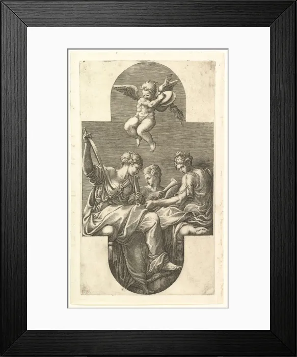 Framed Print : Three Muses and a Putto with Cymbals, a cruciform composition, from a series of eight com Framed Print : Three Muses and a Putto with Cymbals, a cruciform composition, from a series of eight com
