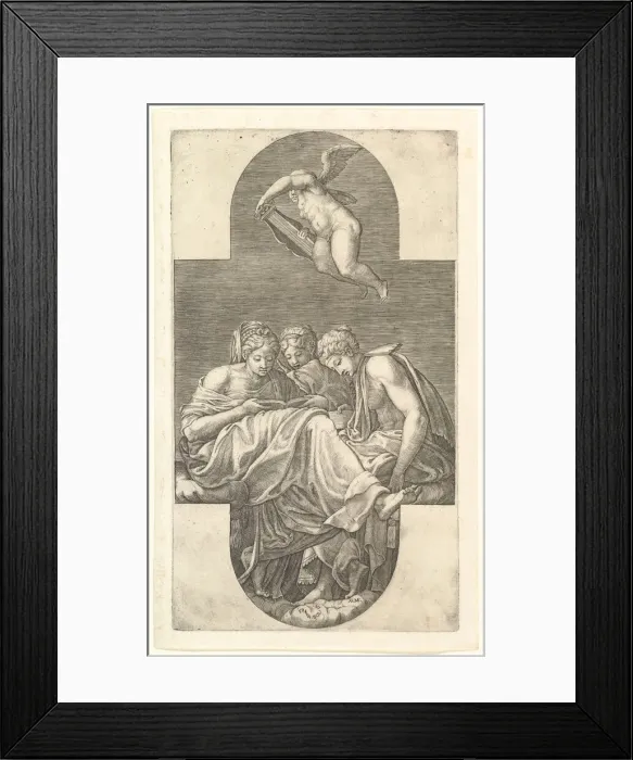 Framed Print : Three Muses and a Putto with a Lyre, a cruciform composition, from a series of eight comp Framed Print : Three Muses and a Putto with a Lyre, a cruciform composition, from a series of eight comp