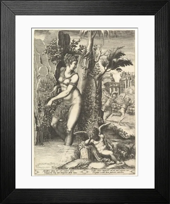 Framed Print : Venus pricked by the thorns on a rose bush, in the background Mars chasing Adonis Framed Print : Venus pricked by the thorns on a rose bush, in the background Mars chasing Adonis