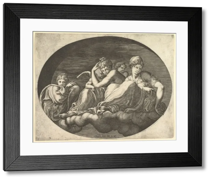 Framed Print : Venus and Cupid, Two Other Goddesses, and a Putto, from a series of eight compositions af Framed Print : Venus and Cupid, Two Other Goddesses, and a Putto, from a series of eight compositions af