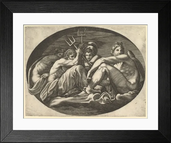 Framed Print : Pluto, Neptune, Minerva and Apollo, from a series of eight compositions after Francesco P Framed Print : Pluto, Neptune, Minerva and Apollo, from a series of eight compositions after Francesco P
